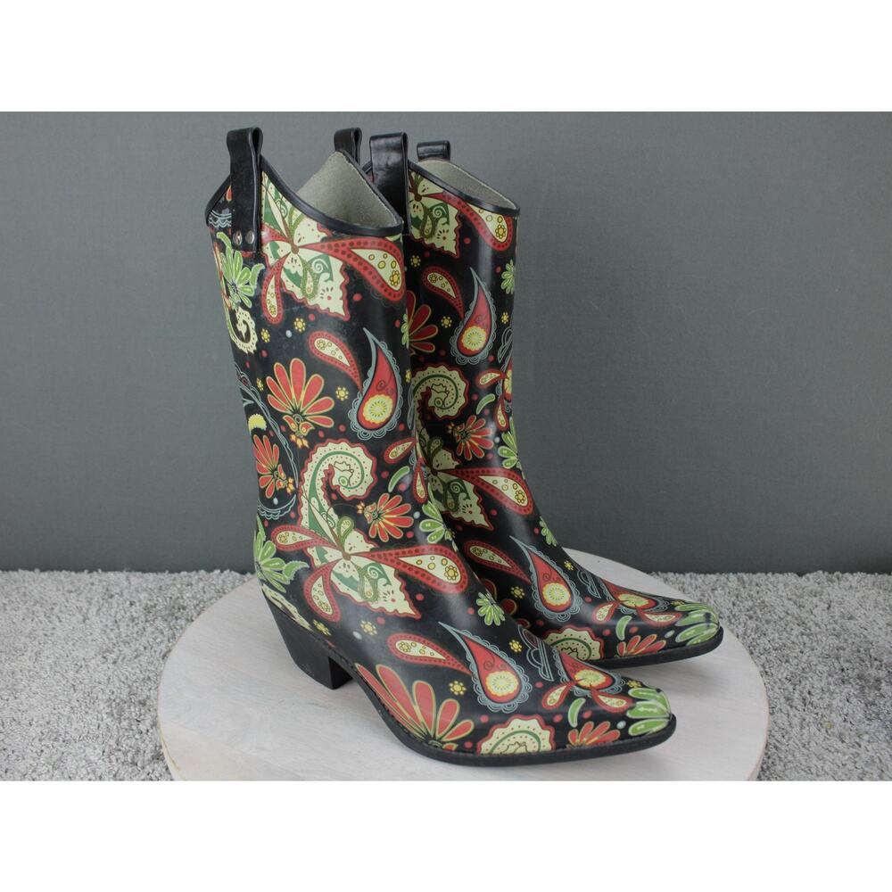 Nomad Black Ankle Boots with Red and Green Paisley Floral Print